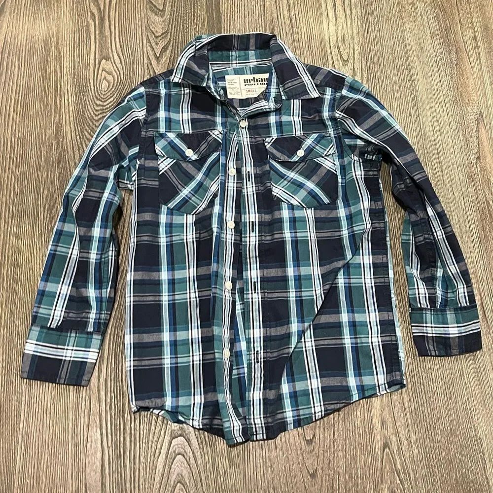 Urban Pipeline Boys Plaid Checked Button-Up Long Sleeve Shirt Blue Black Small